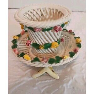 Vtg Italian Porcelain Basket Weave Candle Holder Capodinonte Style Hand Painted